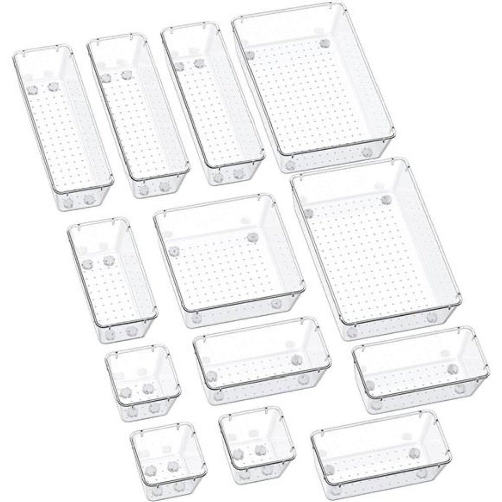 Drawer Organizers 13 Piece Clear Non Slip Desk Bathroom Makeup Utensil Trays